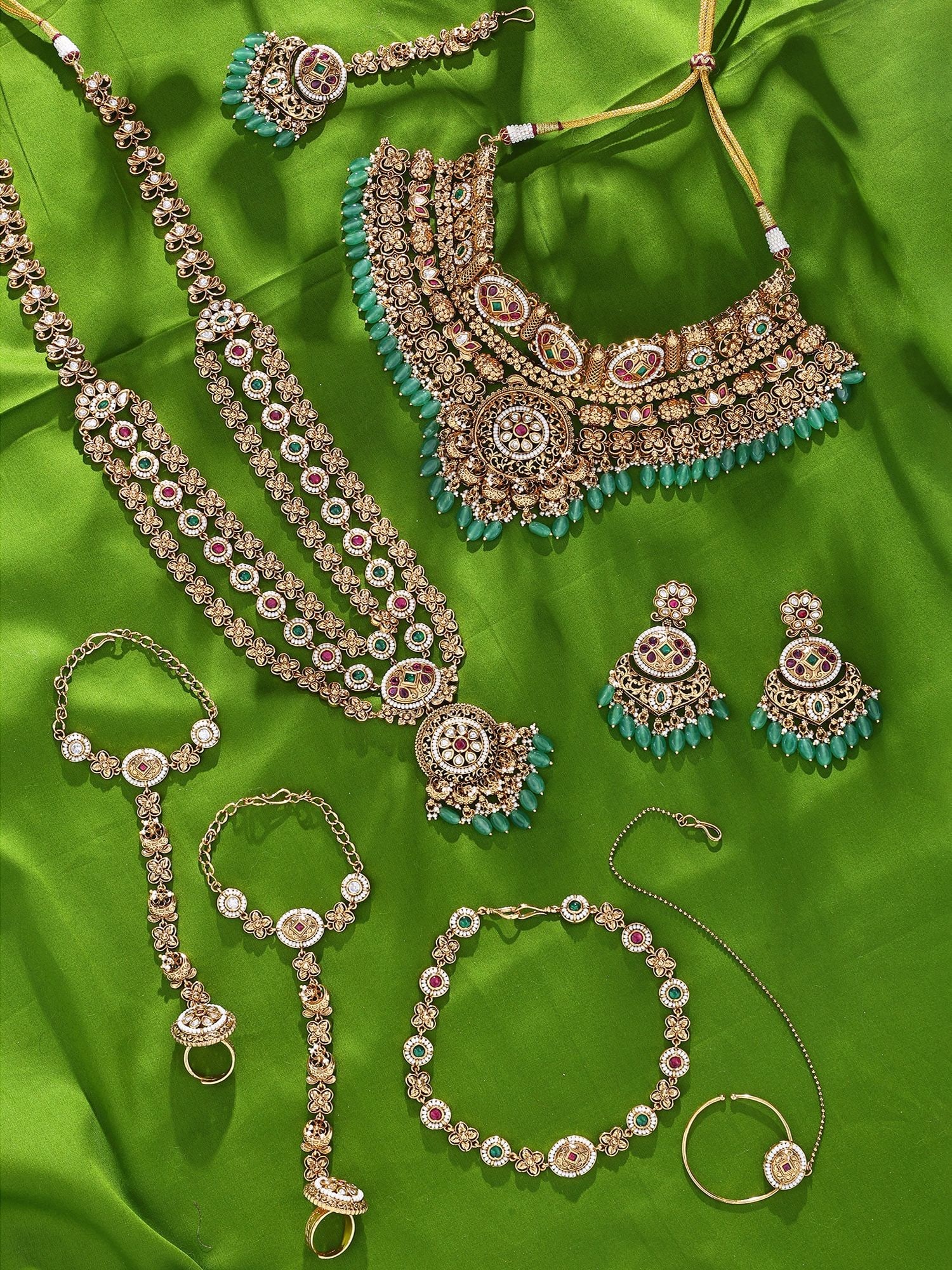 Green Bead Drop Multi Strand Kundan Bridal Necklace with Wedding jewellery Set: Title:Green Bead Drop Multi Strand Kundan Bridal Necklace with Wedding jewellery Set Description:Nose Ring : 1.5" Dia with 8" Chain | Matha Patti : 11.7" L x 0.5" W | Adjustable Hathphool : 4" L