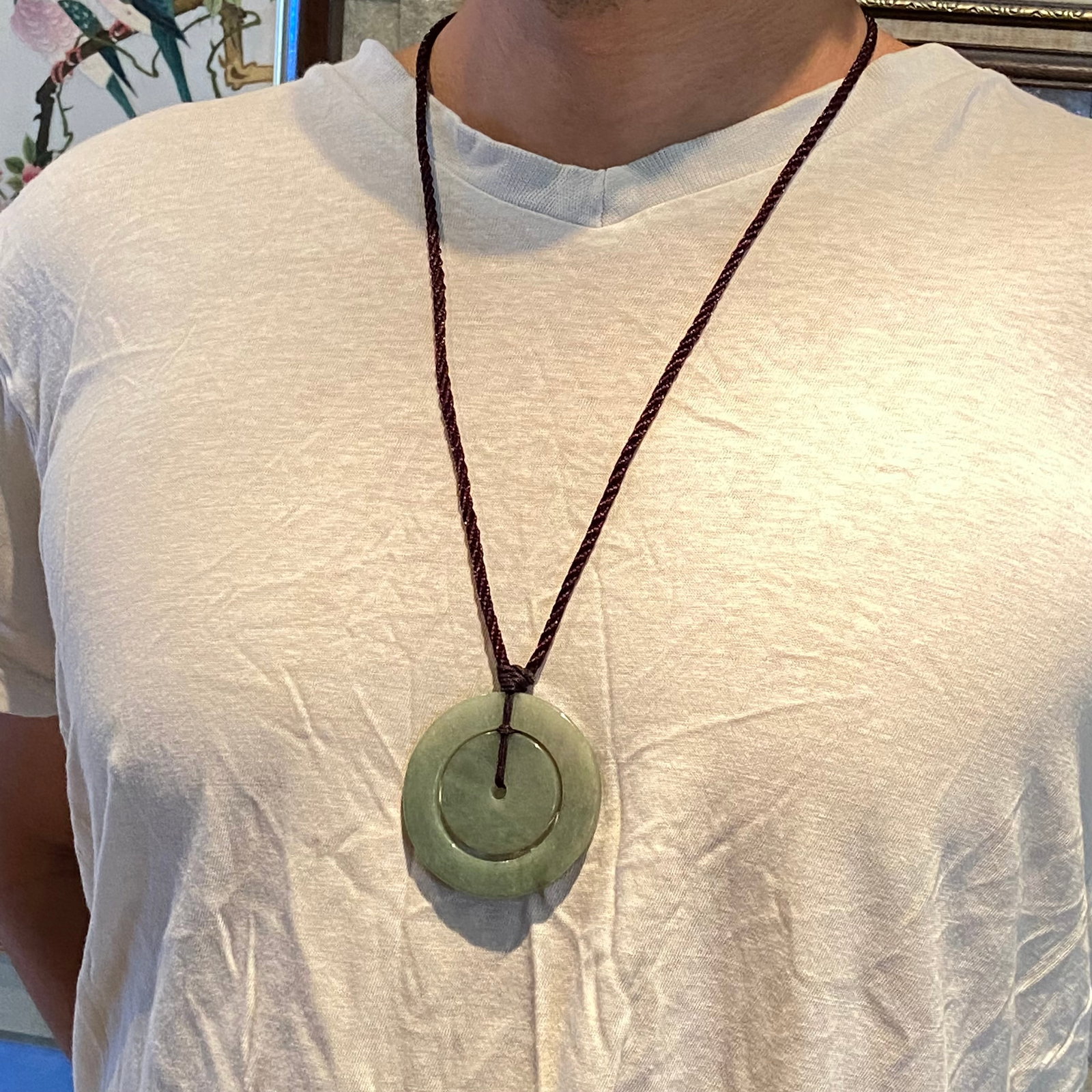 A large pair of Natural green jadeite Jade concentric circle peace buckles - 7