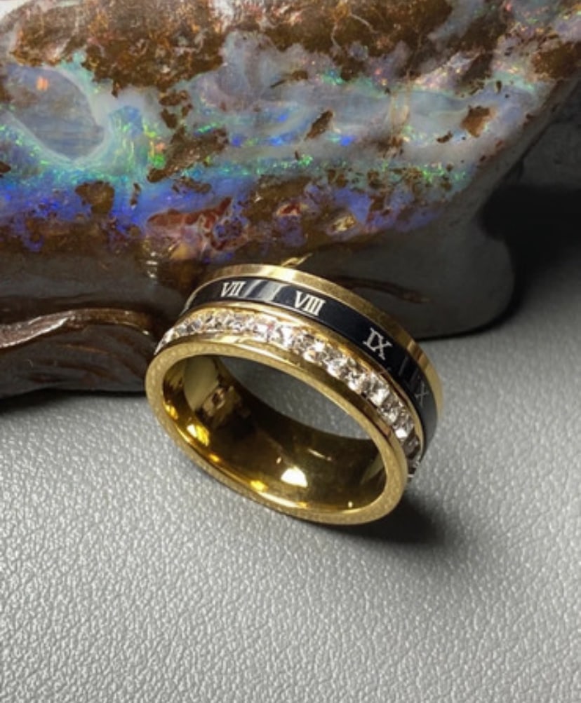 18k gold plated Titanium steel Roman numeral ring lab created Moissanite rotate fidget ring - 2