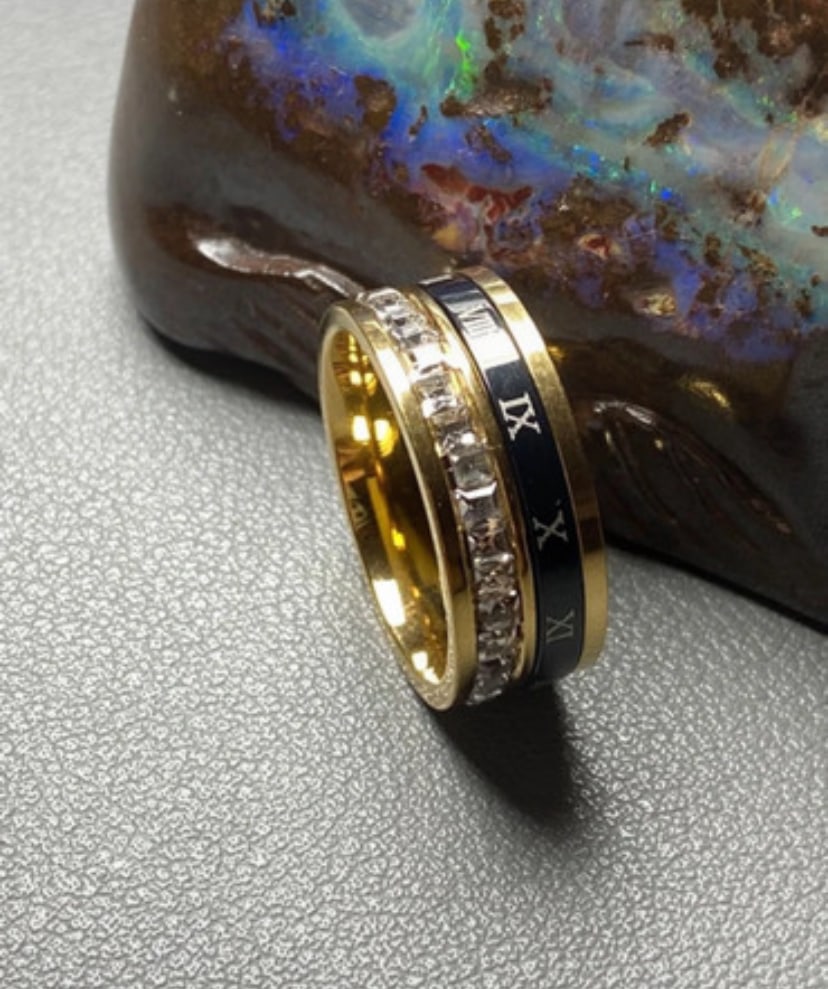 18k gold plated Titanium steel Roman numeral ring lab created Moissanite rotate fidget ring - 4
