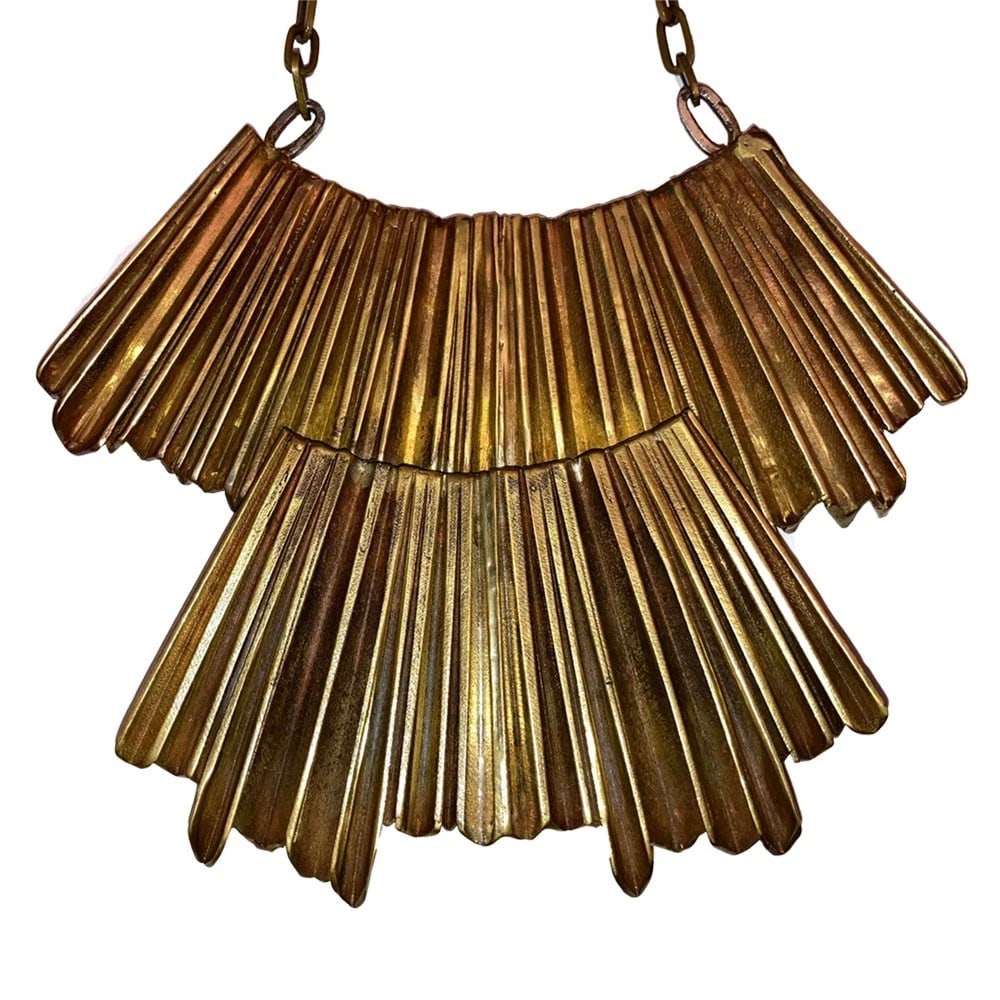 Hand Made Brass Brutalist Rippled Fringe Modernist Bib Necklace - 3