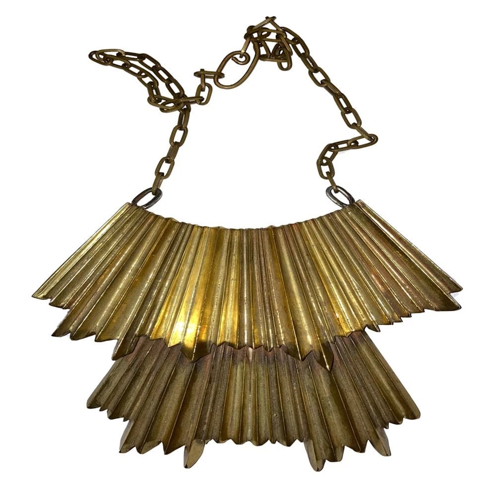 Hand Made Brass Brutalist Rippled Fringe Modernist Bib Necklace - 4