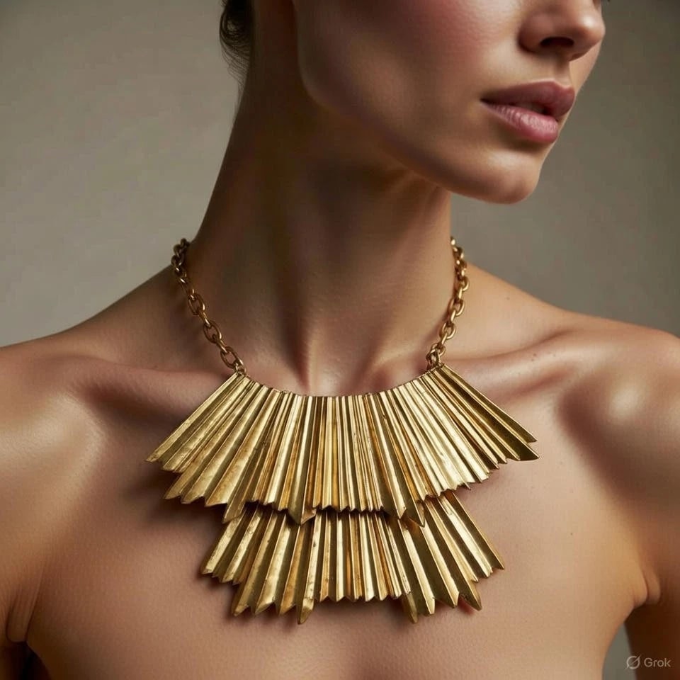 Hand Made Brass Brutalist Rippled Fringe Modernist Bib Necklace - 6