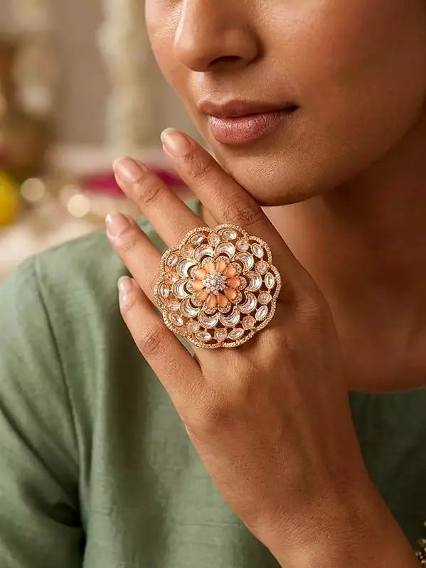 Designer Floral Kundan Stone Studded Adjustable Cocktail Ring: Title:Designer Floral Kundan Stone Studded Adjustable Cocktail Ring Reference:itemcode : JA0524-White Reserve: $43.00 Shipping: Domestic: Shipping rates are determined by destination International: Fo