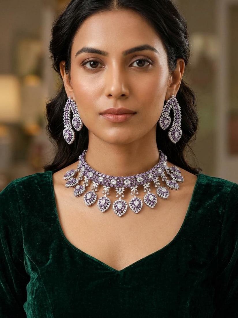 Purple Teardrop Design Stone Studded American Diamond Necklace Set: Title:Purple Teardrop Design Stone Studded American Diamond Necklace Set Reference:itemcode : JA0665 Reserve: $319.00 Shipping: Domestic: Shipping rates are determined by destination International: Fo