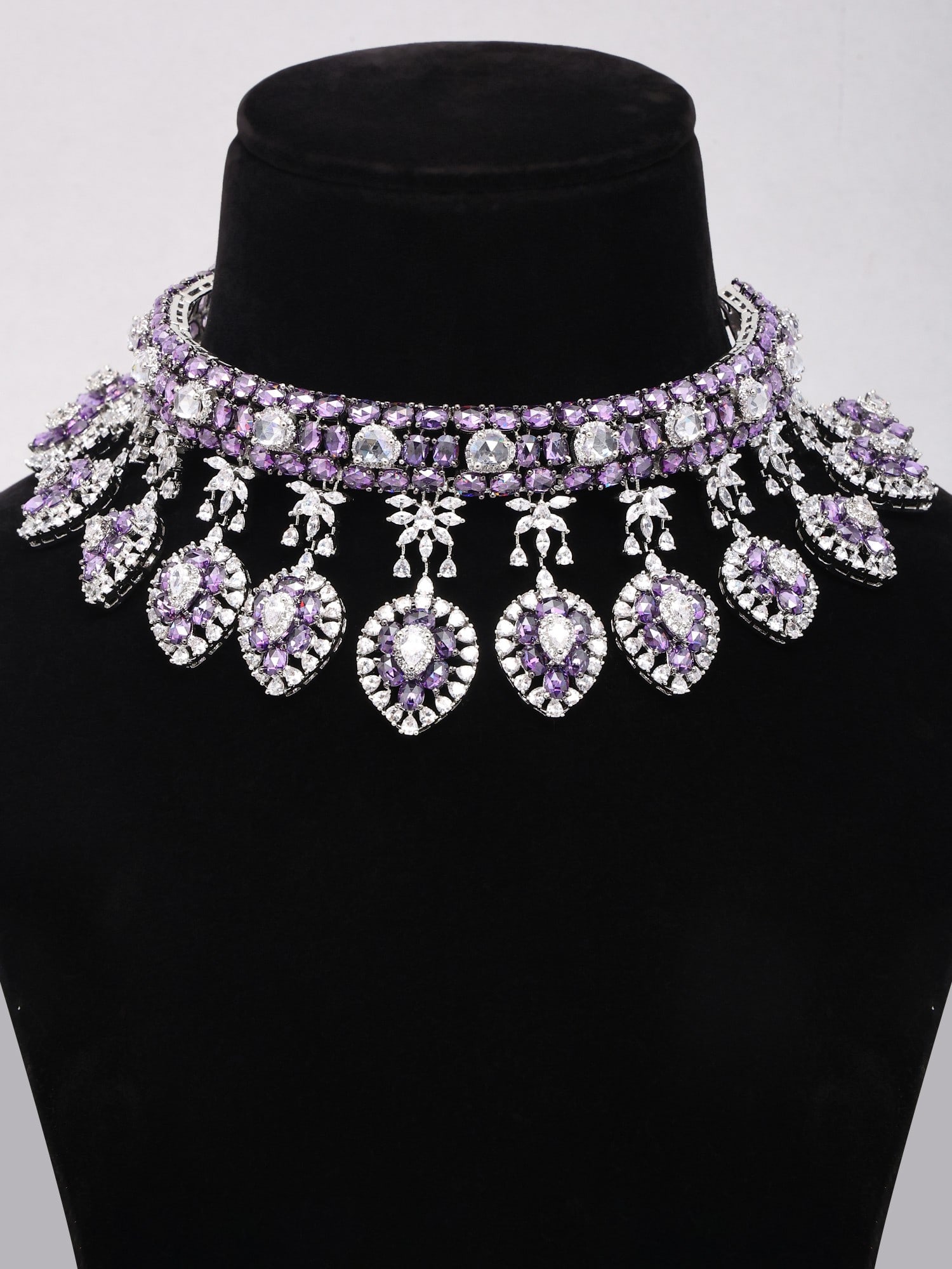 Purple Teardrop Design Stone Studded American Diamond Necklace Set - 2