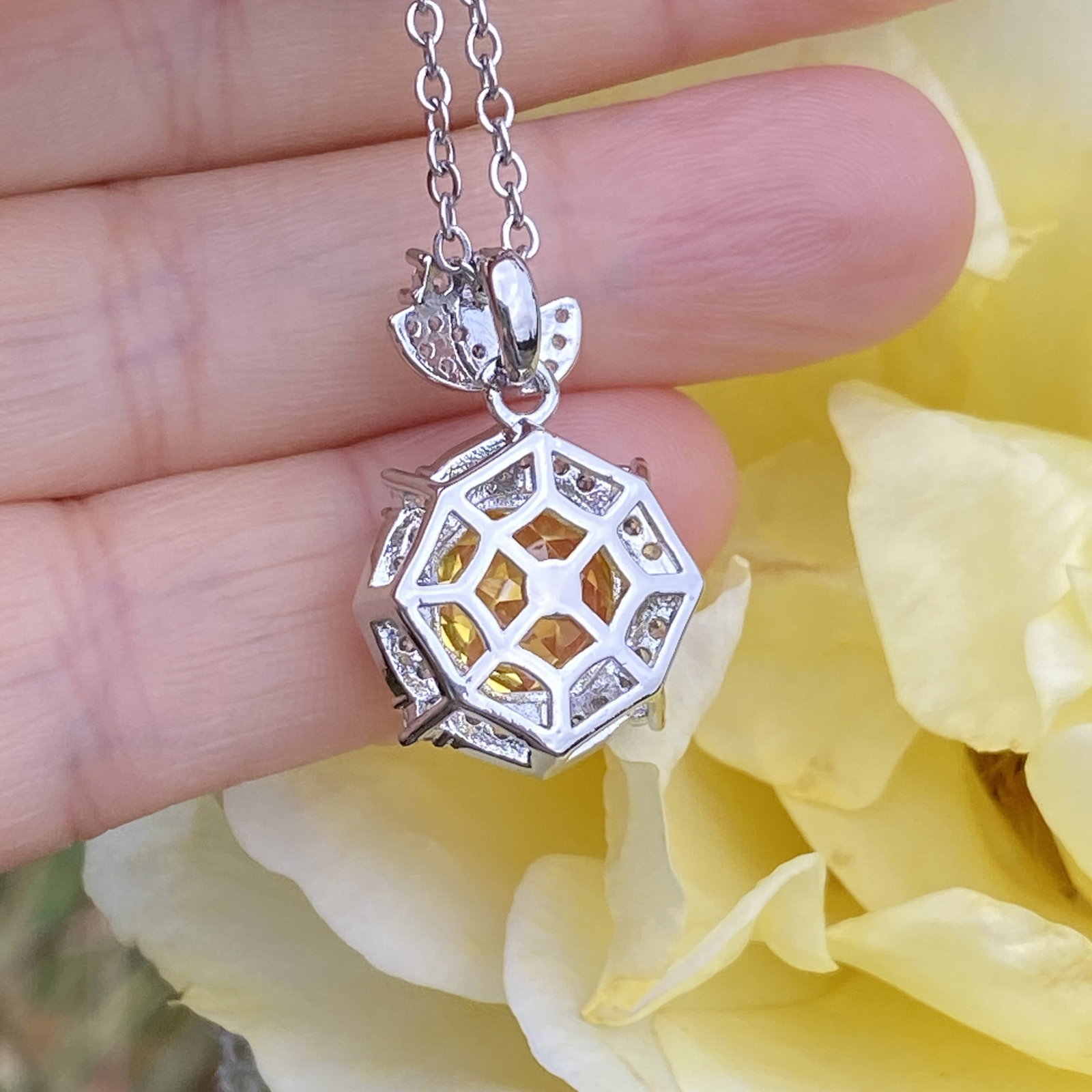 18K White Gold Plated Radiant-Cut Yellow Sapphire and Moissanite Halo Pendant Necklace - 11