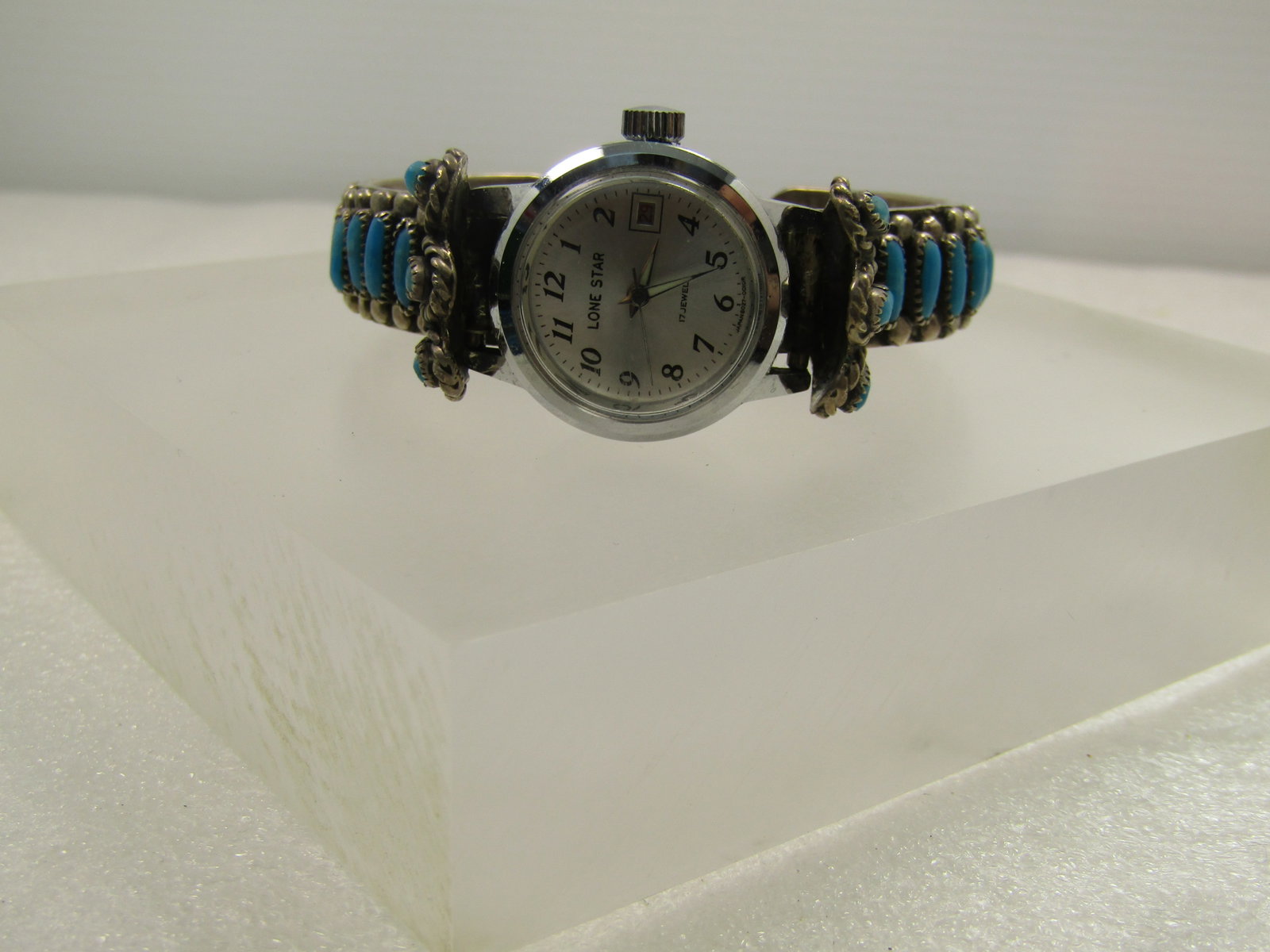 Vintage Sterling Turquoise Petit Point Navajo Ladies' Watch Cuff Bracelet, F. M. Begay, 1970's-After - 3