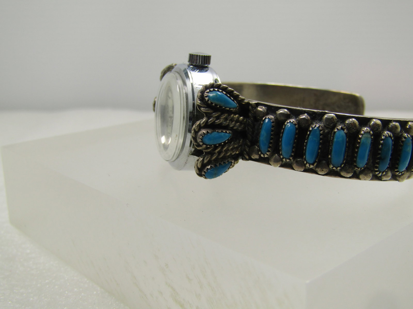 Vintage Sterling Turquoise Petit Point Navajo Ladies' Watch Cuff Bracelet, F. M. Begay, 1970's-After - 4