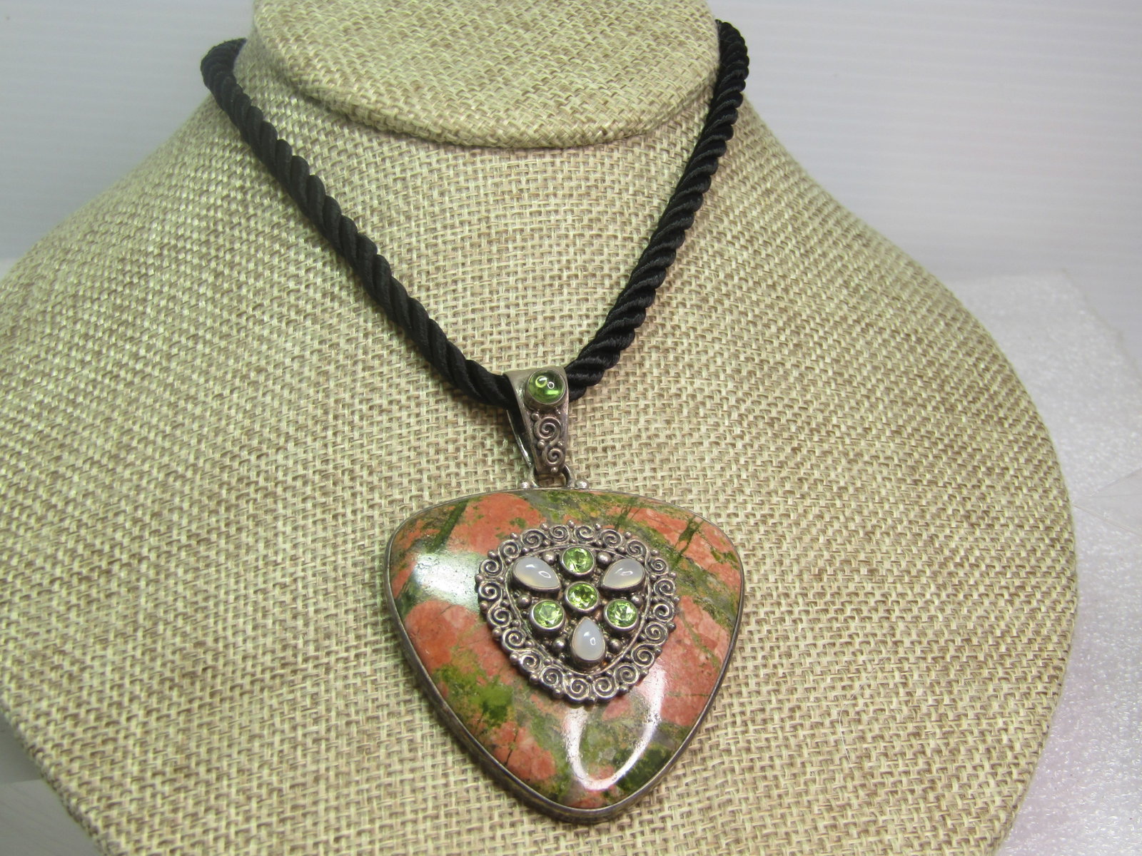 Vintage Sajen Sterling Unakite, Peridot Pendant on 26" Black Necklace, 1980's-1990's - 2