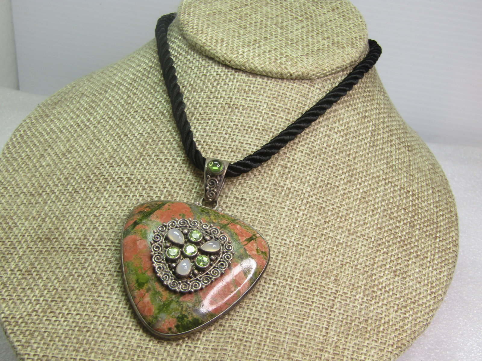 Vintage Sajen Sterling Unakite, Peridot Pendant on 26" Black Necklace, 1980's-1990's - 3