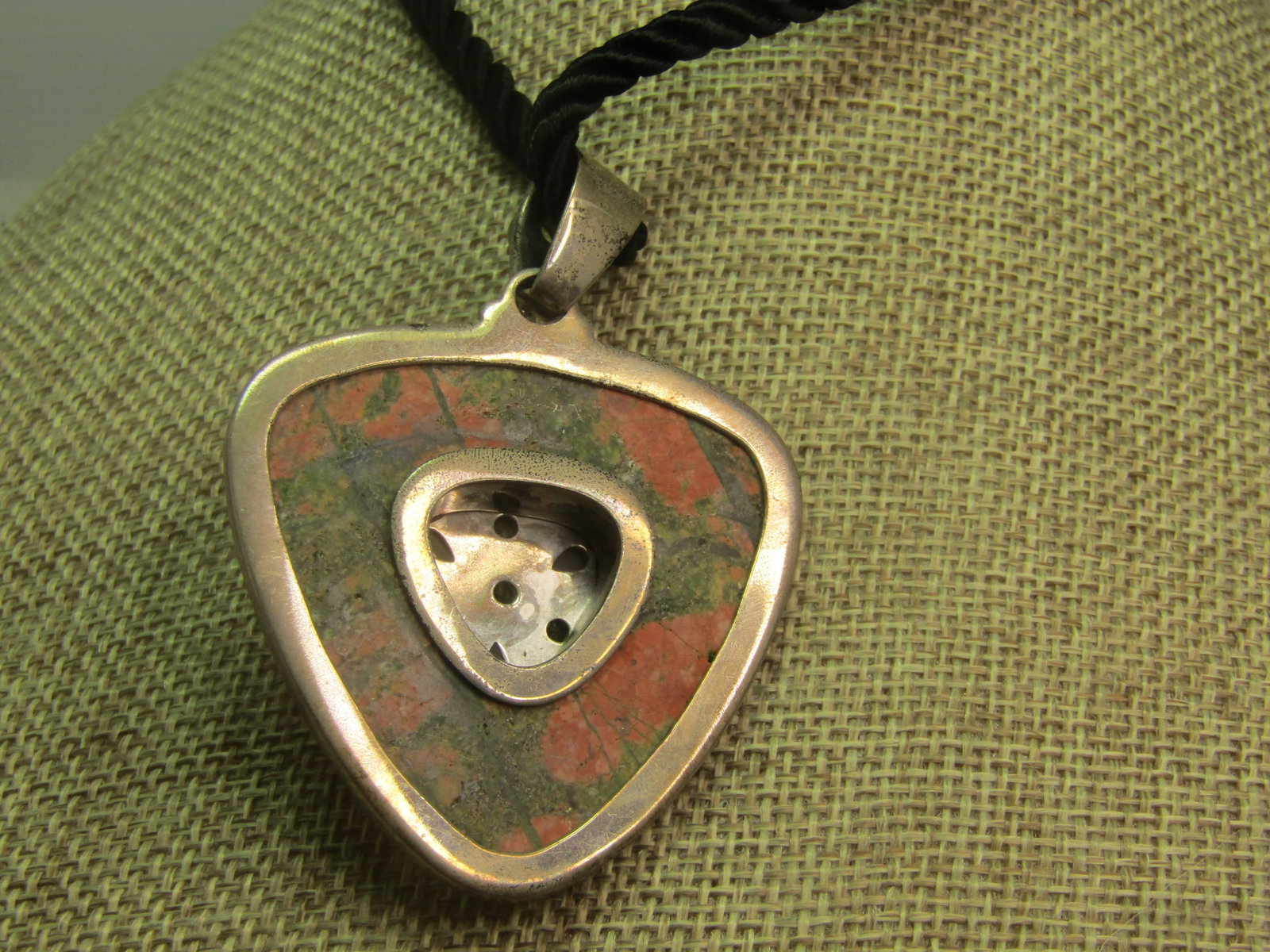 Vintage Sajen Sterling Unakite, Peridot Pendant on 26" Black Necklace, 1980's-1990's - 5