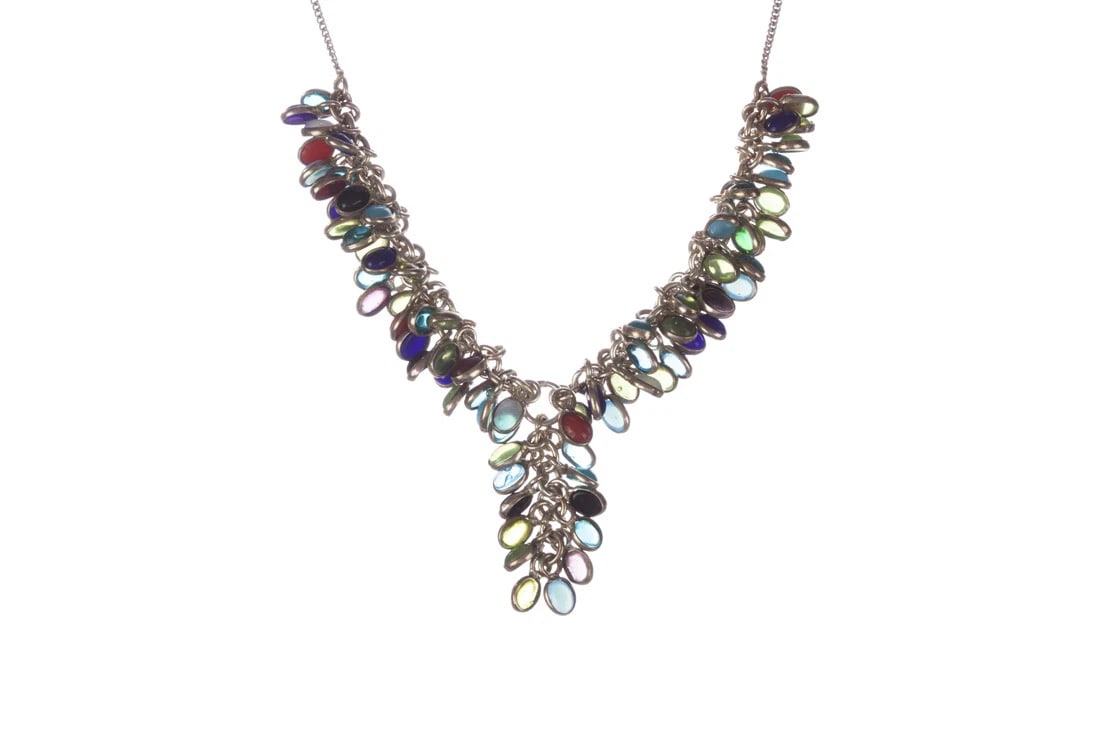 Sterling Silver Necklace w/ Iolite, Opalite, Coral, Amethyst Cabochons: Title:Sterling Silver Necklace w/ Iolite, Opalite, Coral, Amethyst Cabochons Description:Colorful handmade sterling silver necklace with opalite, iolite, coral, amethyst cabochons. Circa 1970s to