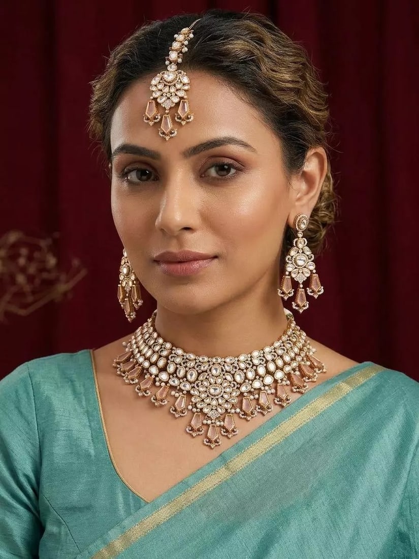 Peach Drop Stone Studded Kundan Bridal Choker Necklace Set with Maang Tikka: Title:Peach Drop Stone Studded Kundan Bridal Choker Necklace Set with Maang Tikka Reference:itemcode : JA0640 Reserve: $437.00 Shipping: Domestic: Shipping rates are determined by destination