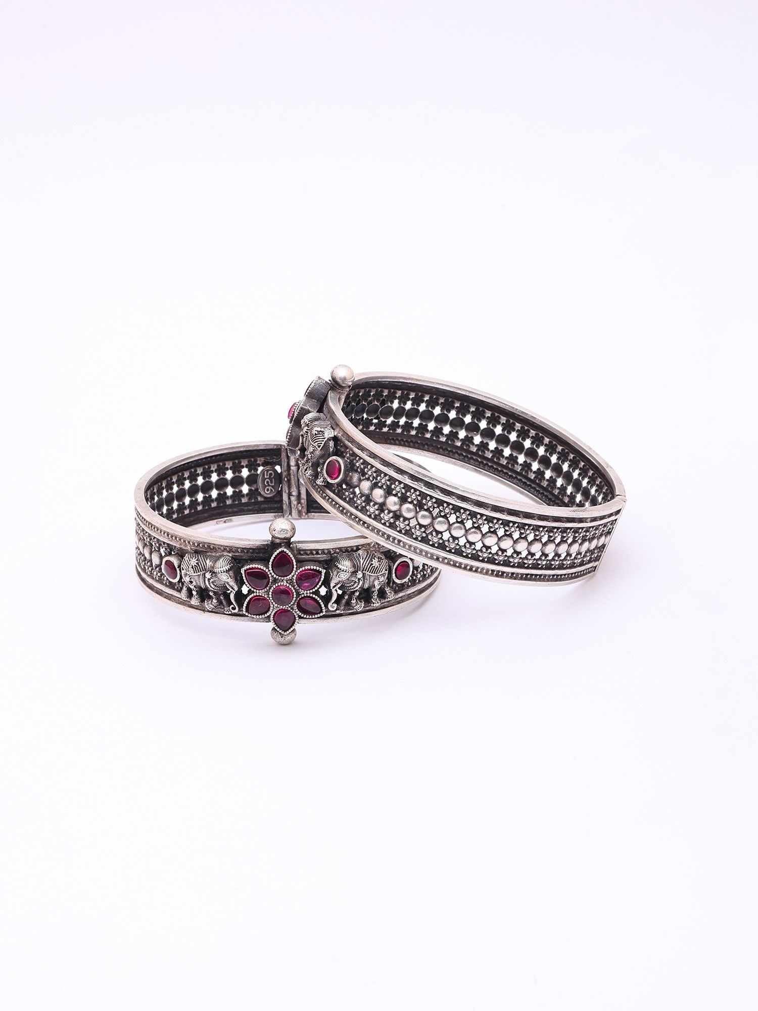 Elephant Engraved Sterling Silver Openable Bangles (Pair) - 2