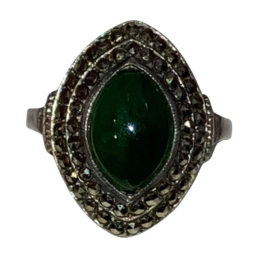 Art Deco Sterling Silver Marcasite Marquise Shaped Nephrite Cabochon Ring (1 of 7)