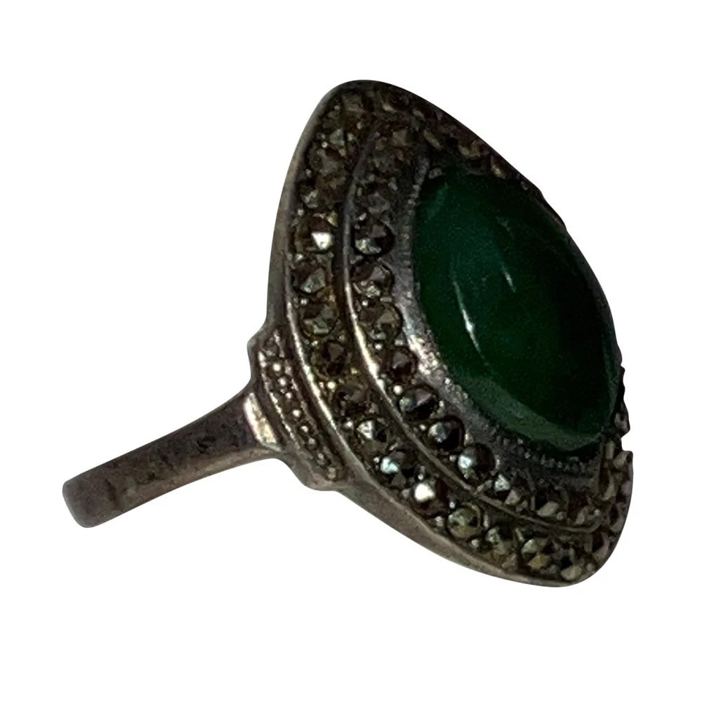 Art Deco Sterling Silver Marcasite Marquise Shaped Nephrite Cabochon Ring - 3