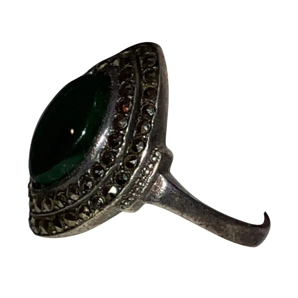 Art Deco Sterling Silver Marcasite Marquise Shaped Nephrite Cabochon Ring - 4