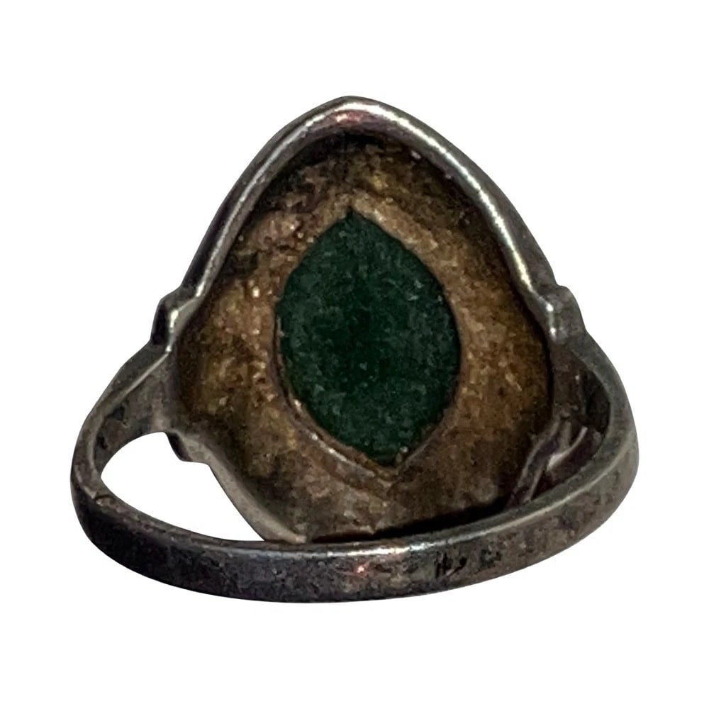 Art Deco Sterling Silver Marcasite Marquise Shaped Nephrite Cabochon Ring - 5