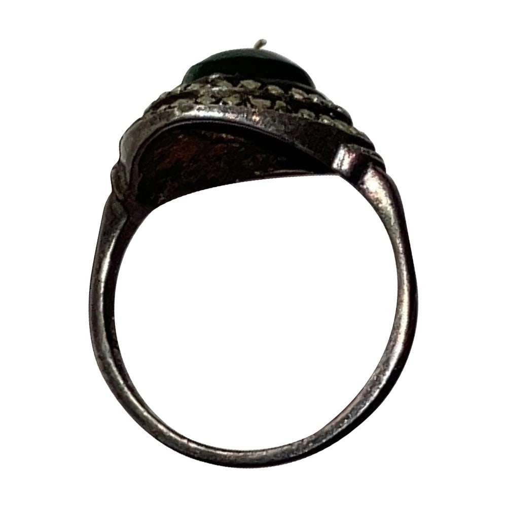 Art Deco Sterling Silver Marcasite Marquise Shaped Nephrite Cabochon Ring - 6