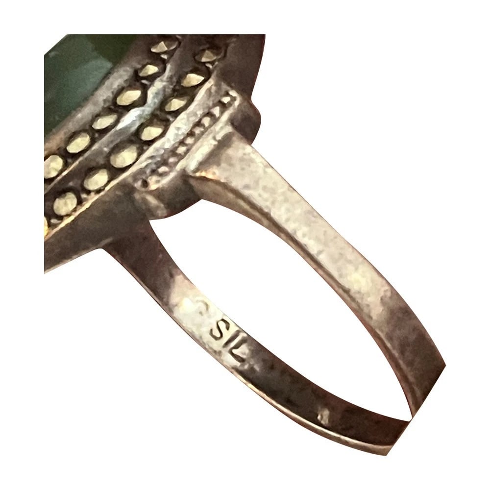 Art Deco Sterling Silver Marcasite Marquise Shaped Nephrite Cabochon Ring - 7