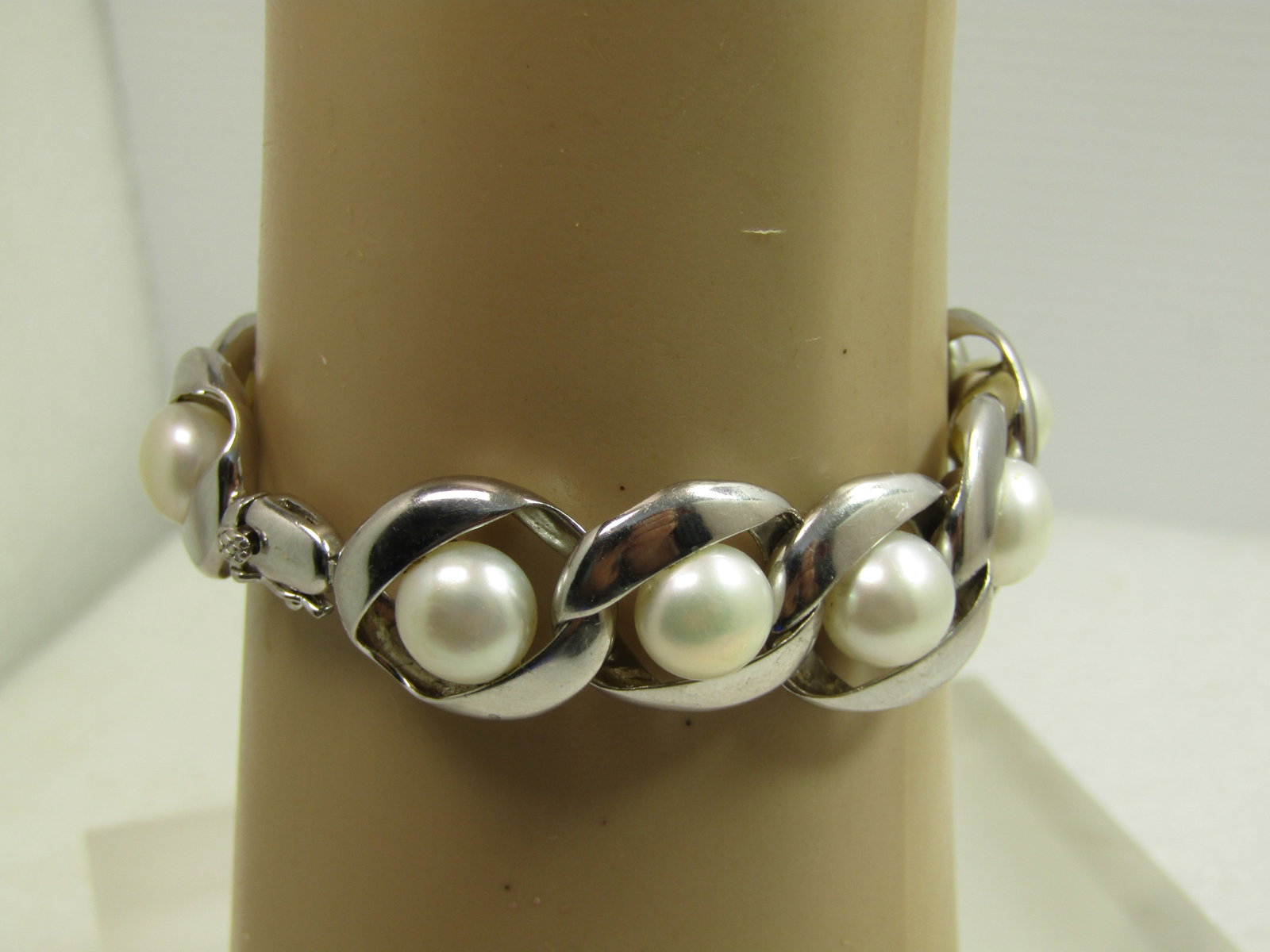 Vintage Sterling Cultured Pearl Bracelet, Signed KN, 7", 1980's-1990's - 3
