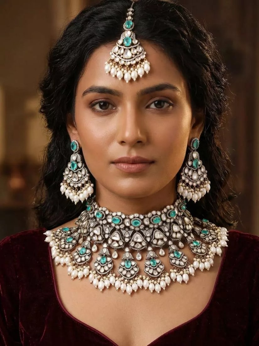 Bridal Kundan Stone Studded Choker Necklace Set with Maang Tikka and Pearl Drops: Title:Bridal Kundan Stone Studded Choker Necklace Set with Maang Tikka and Pearl Drops Reference:itemcode : JA0592 Reserve: $508.00 Shipping: Domestic: Shipping rates are determined by destination