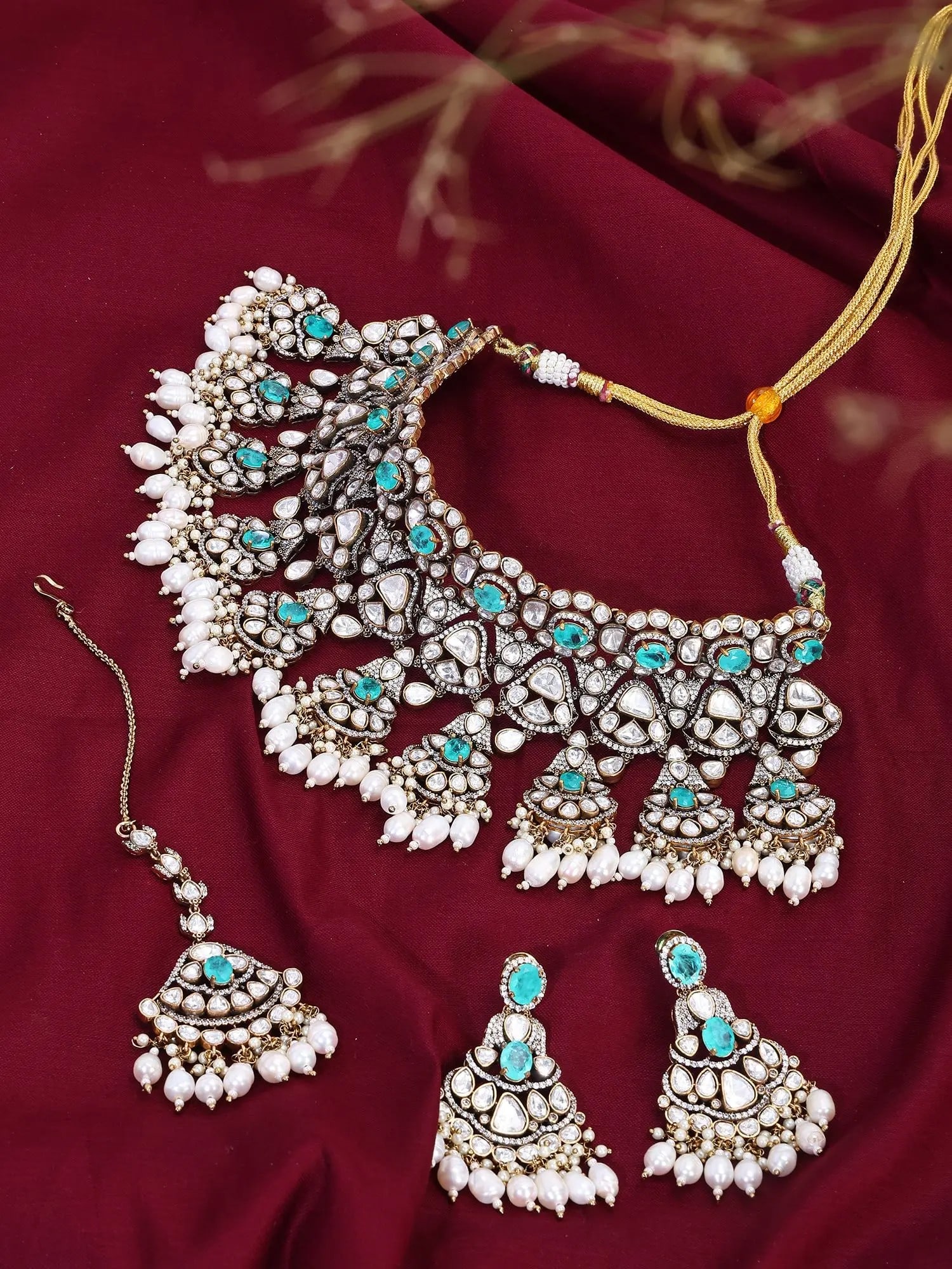 Bridal Kundan Stone Studded Choker Necklace Set with Maang Tikka and Pearl Drops - 2