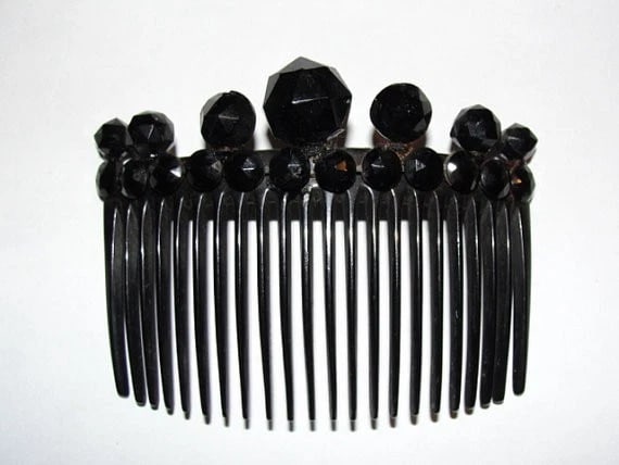 Victorian Black Celluloid Hair Comb w/ Faceted Jet Circular Studs (1 of 6)