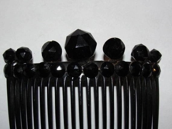 Victorian Black Celluloid Hair Comb w/ Faceted Jet Circular Studs - 3