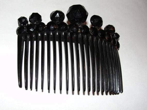 Victorian Black Celluloid Hair Comb w/ Faceted Jet Circular Studs - 4