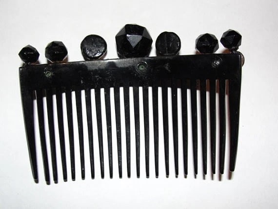 Victorian Black Celluloid Hair Comb w/ Faceted Jet Circular Studs - 5