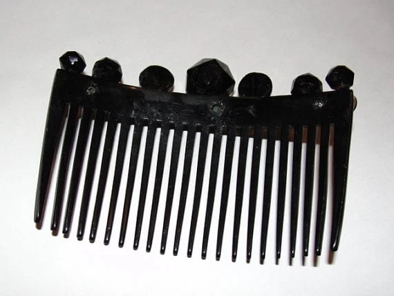 Victorian Black Celluloid Hair Comb w/ Faceted Jet Circular Studs - 6