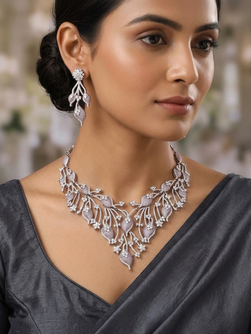 Vine Design American Diamond Necklace Set with Dangle Earrings (1 of 2)