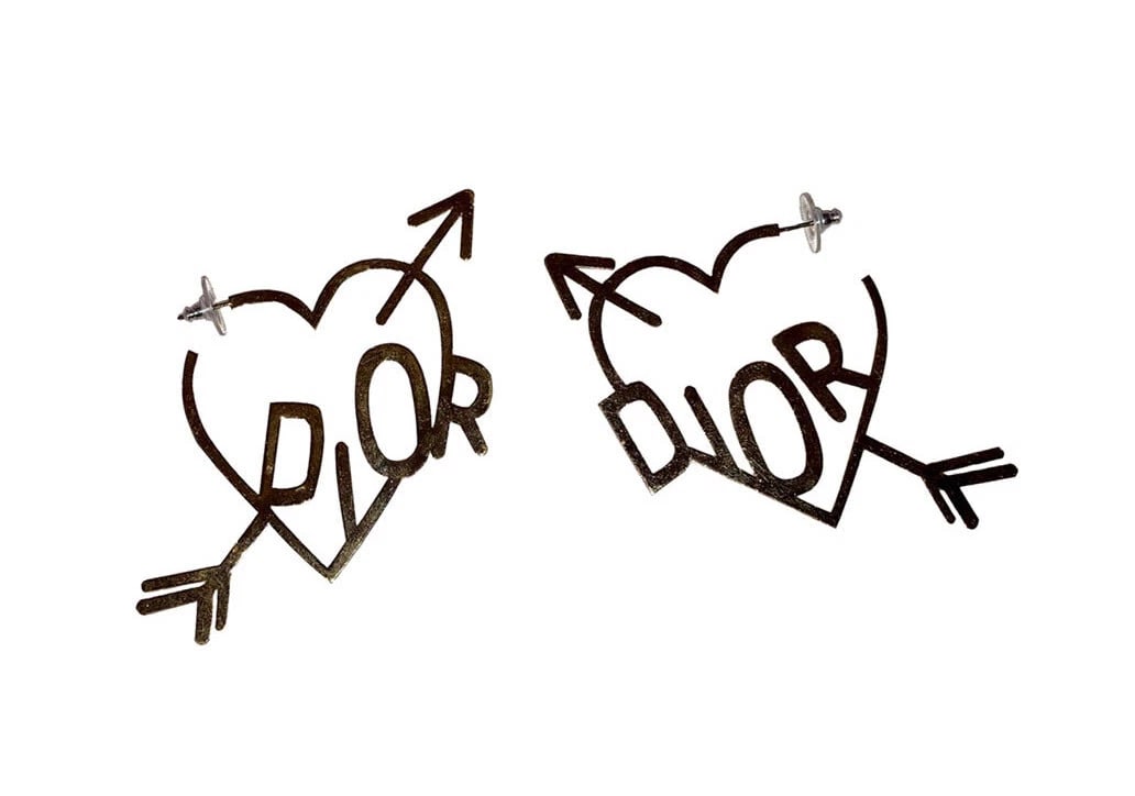 Dior Haute Couture Love Heart with Arrow Monogram Earrings: Title:Dior Haute Couture Love Heart with Arrow Monogram Earrings Description:Dior Haute Couture Love Heart with Arrow Monogram Earrings. Circa 2000's. Earrings measure 3" by 3". Post earrings for