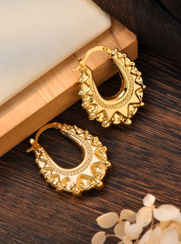 Retro Gold Plated Victorian Spiked Oval Creole Hoop Earrings - 2