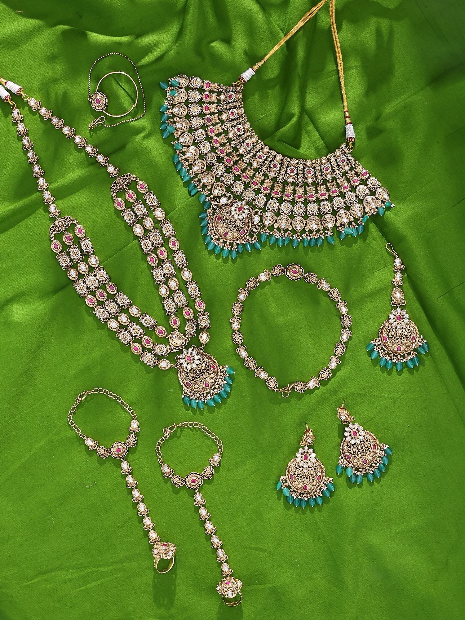 Polki Stone Studded Rajwadi Style Multi-Layered Bridal Jewellery Set with Green Bead Drops: Title:Polki Stone Studded Rajwadi Style Multi-Layered Bridal Jewellery Set with Green Bead Drops Reference:itemcode : JA0470 Reserve: $578.00 Shipping: Domestic: Shipping rates are determined by