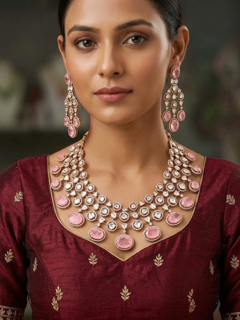 Pink Kundan Stone Studded Semi Bridal Necklace Set: Title:Pink Kundan Stone Studded Semi Bridal Necklace Set Reference:itemcode : JA0639 Reserve: $313.00 Shipping: Domestic: Shipping rates are determined by destination International: Foreign shipping r