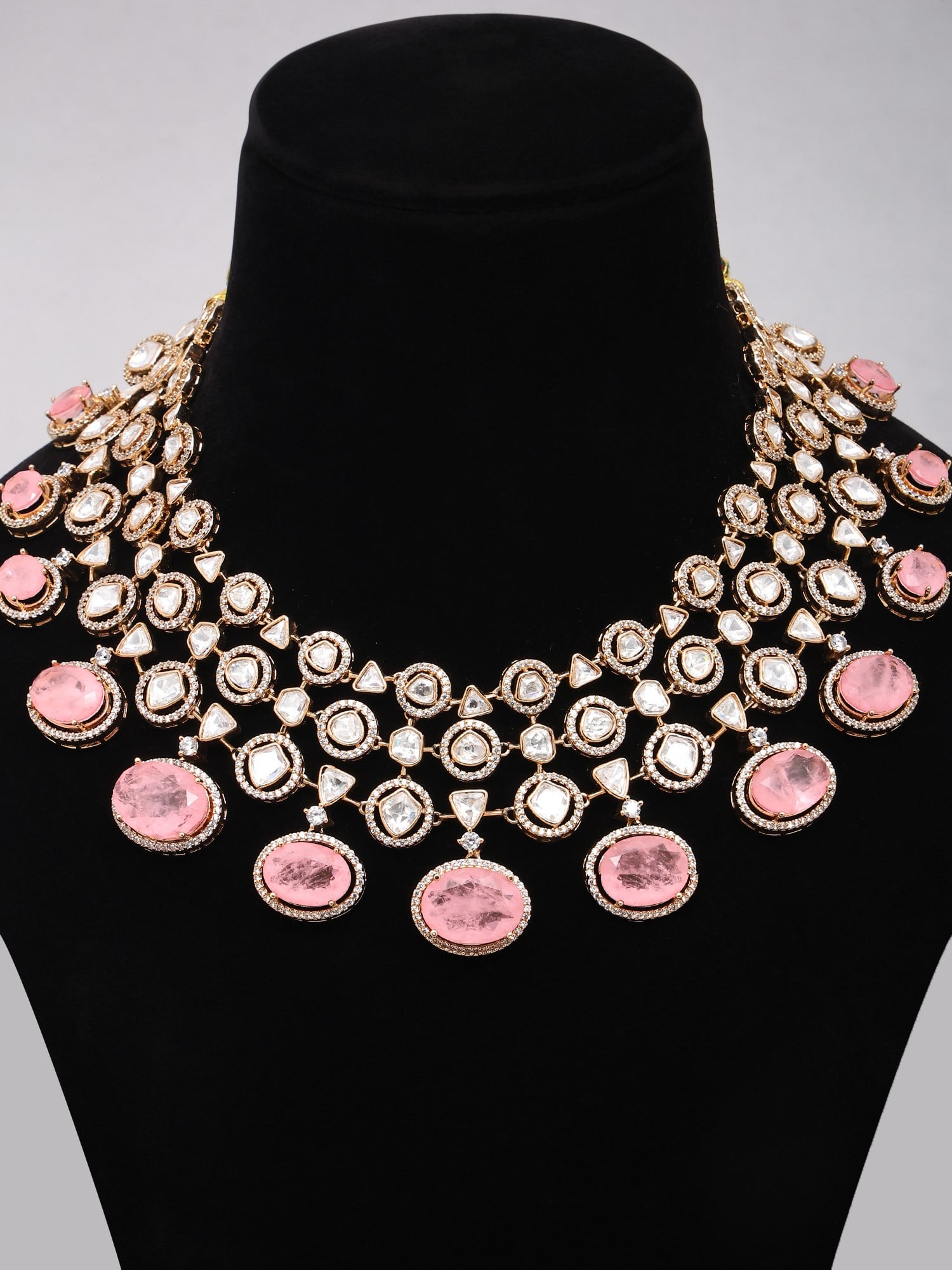 Pink Kundan Stone Studded Semi Bridal Necklace Set - 2