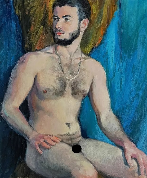 Oil painting The feeling of male freedom Oksana Osnach: Procach 140The Oil painting Hardboard titled "The feeling of male freedom" presents an intimate yet powerful exploration of masculinity, self-awareness, and liberation through the male form. At the