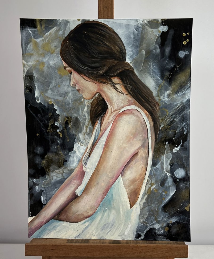 Oil painting Girl in a white dress Olga Ponomaryova: NoAAA5001The oil painting on plastic titled "Girl in a White Dress" captures a moment of stillness and introspection with poetic grace. The composition centers on a young woman with long, softly