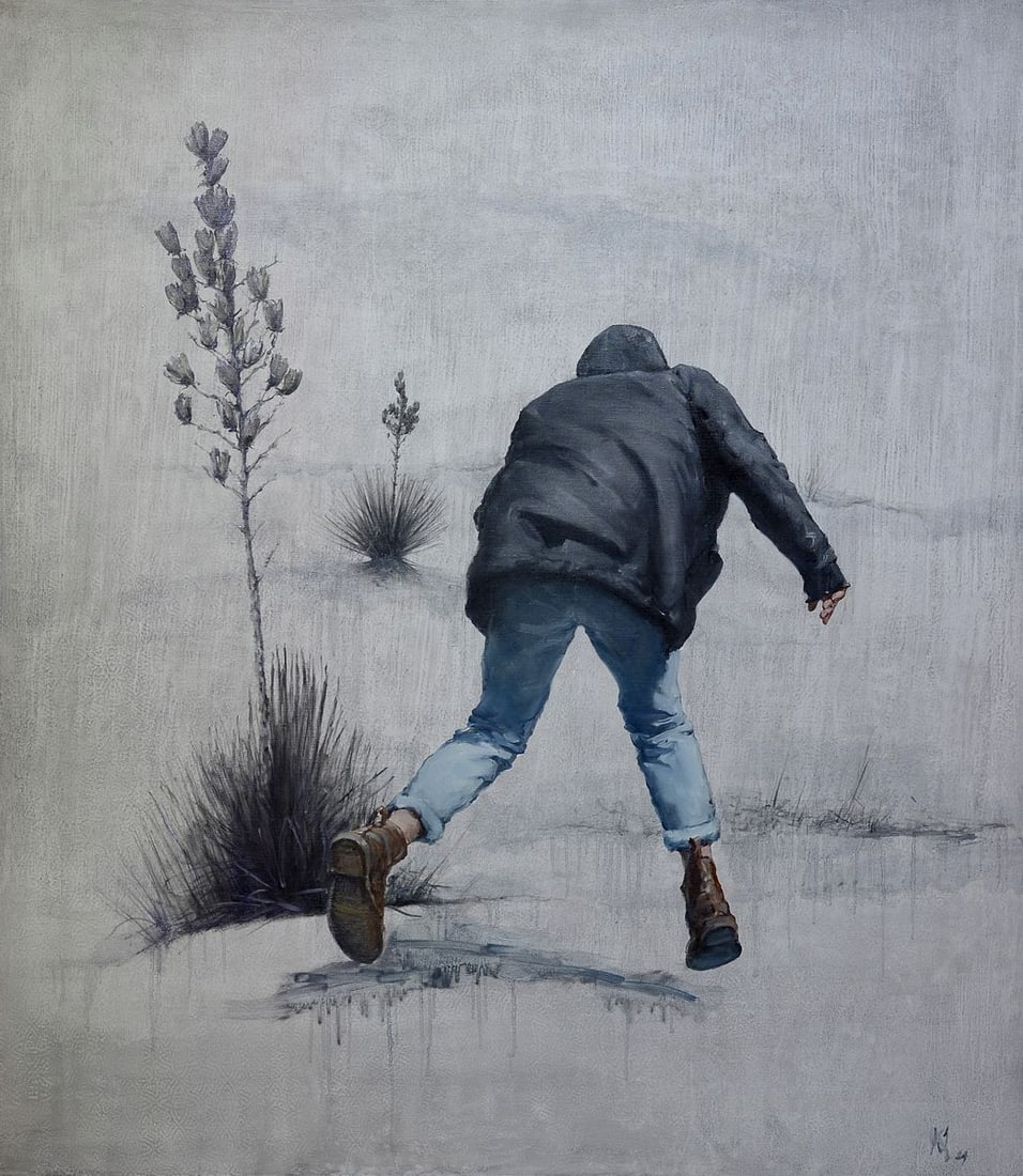 Oil painting Escape from reality Oleg Kateryniuk: NoKat 47"Escape from Reality" is a striking oil painting that vividly captures the essence of human struggle and the desire to break free from the confines of daily existence. The composition features