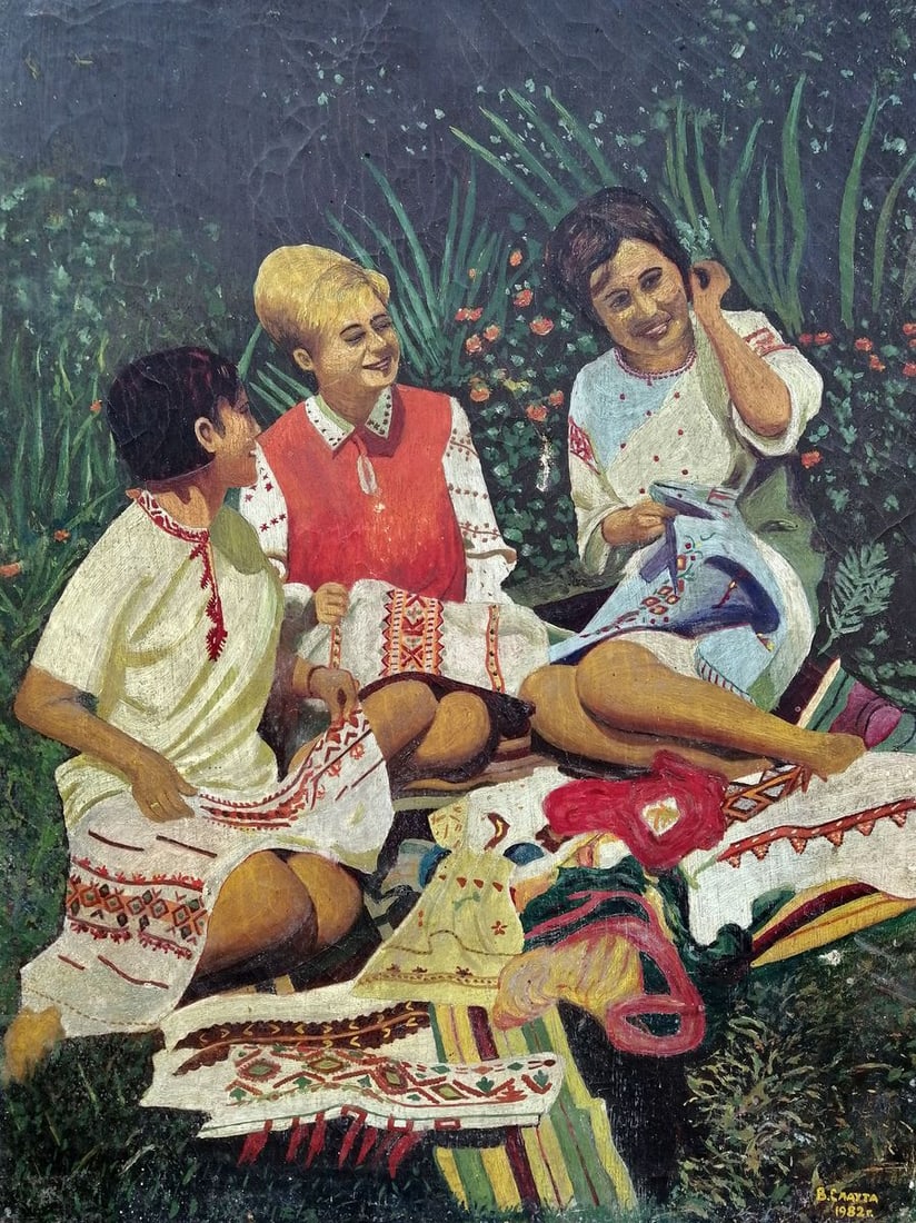 Oil painting Three girlfriends V. Slauta: No1137 *** ABOUT THIS PAINTING *** * TITLE: "Three girlfriends" * ARTISTS: V. Slauta * SIZE: 68x52 cm/'26.77x21.65 inches' * MEDIUM: oil, canvas * HAND PAINTED: Original painting from our collection *