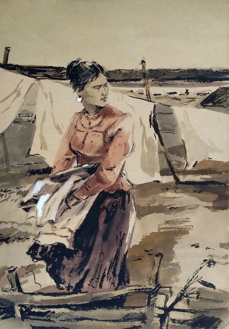 Watercolor painting Wash Unknown author: No1187 *** ABOUT THIS PAINTING *** * TITLE: "Wash" * ARTISTS: Unknown author * SIZE: 29.5x42 cm/'11.61x16.53 inches' * MEDIUM: watercolor, gouache, paper * HAND PAINTED: Original painting from our col