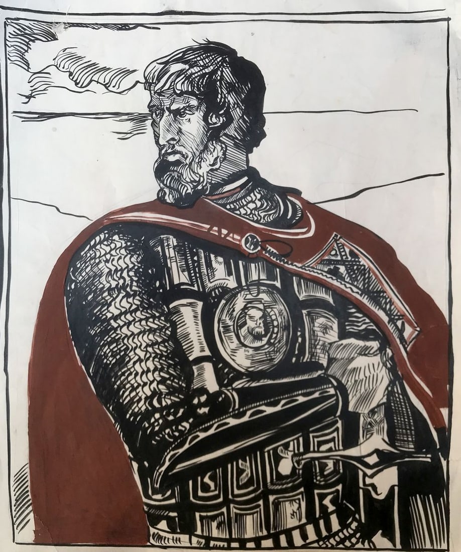 Pen painting Portrait of a warrior Alexander Arkadievich Litvinov: NoAAA2949"Portrait of a Warrior" is a captivating black and white painting, skillfully rendered with a pen. The artwork portrays a commanding figure, a man adorned in a resplendent military uniform. S