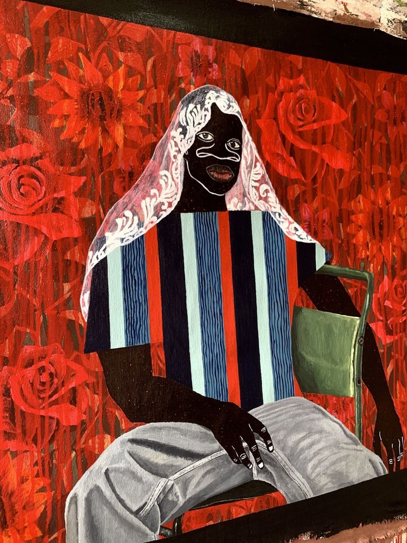 Acrylic painting In Silence Among the Roses Akintomide Akinshola - 2
