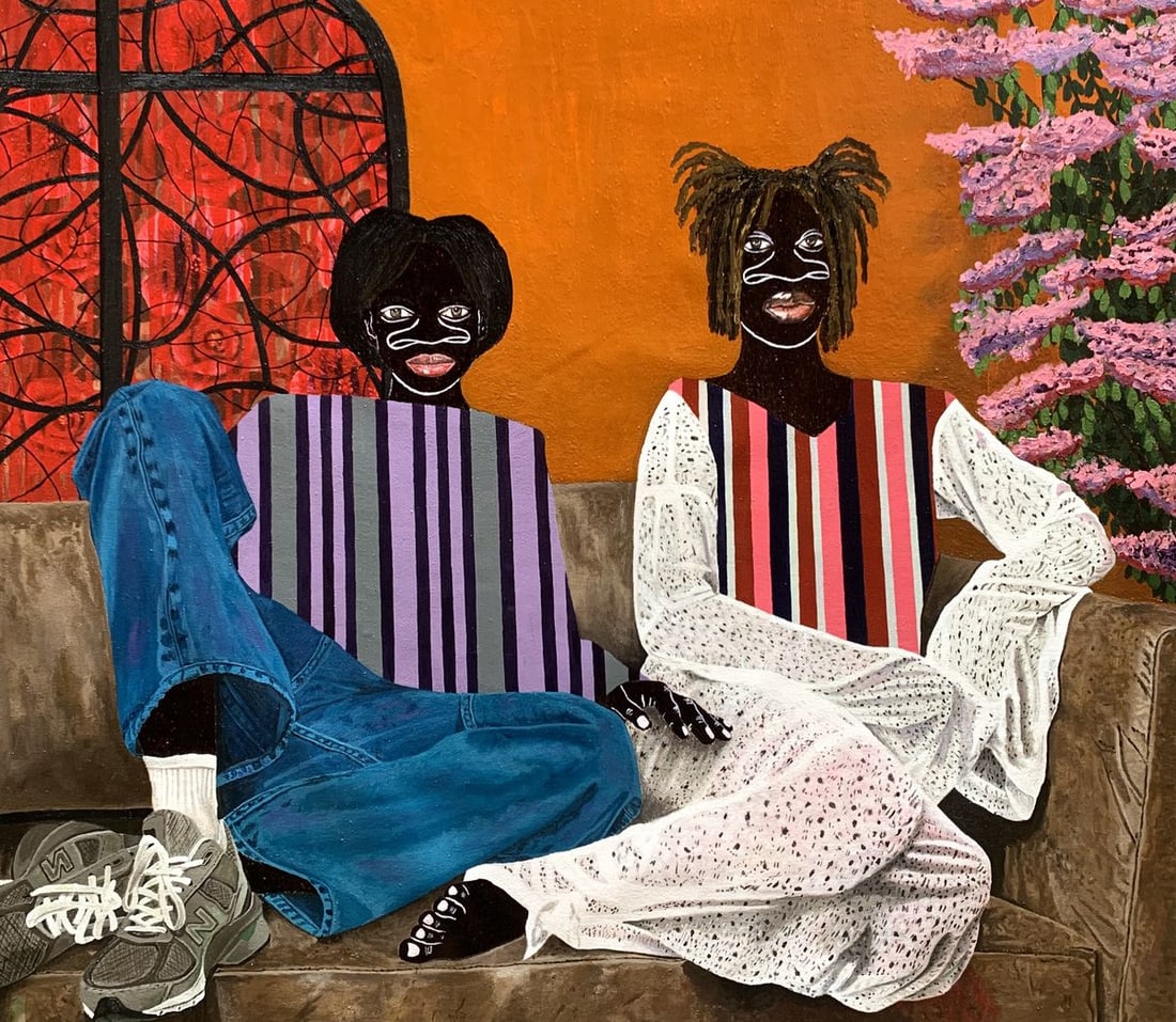 Acrylic painting Lazy Afternoon Akintomide Akinshola: NoAkins 11This piece is part of my exploration of companionship and how it gives us strength, especially in uncertain and difficult times. It shows the beauty of presence, two people leaning on each