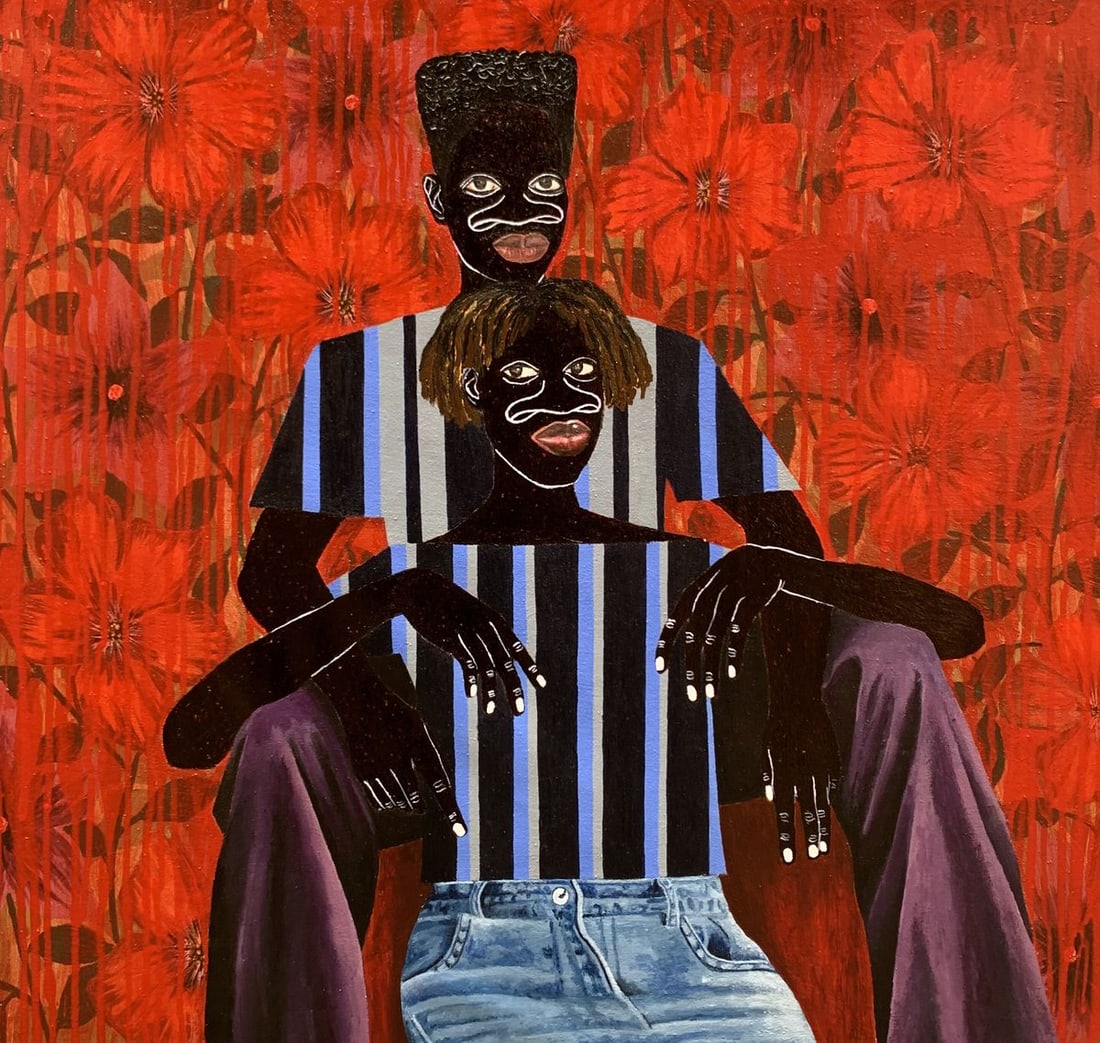 Acrylic painting Among the scarlet flowers Akintomide Akinshola: NoAkins 12We do not always speak in thunder, nor carry love in blazing flame. Sometimes it rests in the silence a shoulder, a hand, a name. In the hush of leaning together we find what words cannot sa