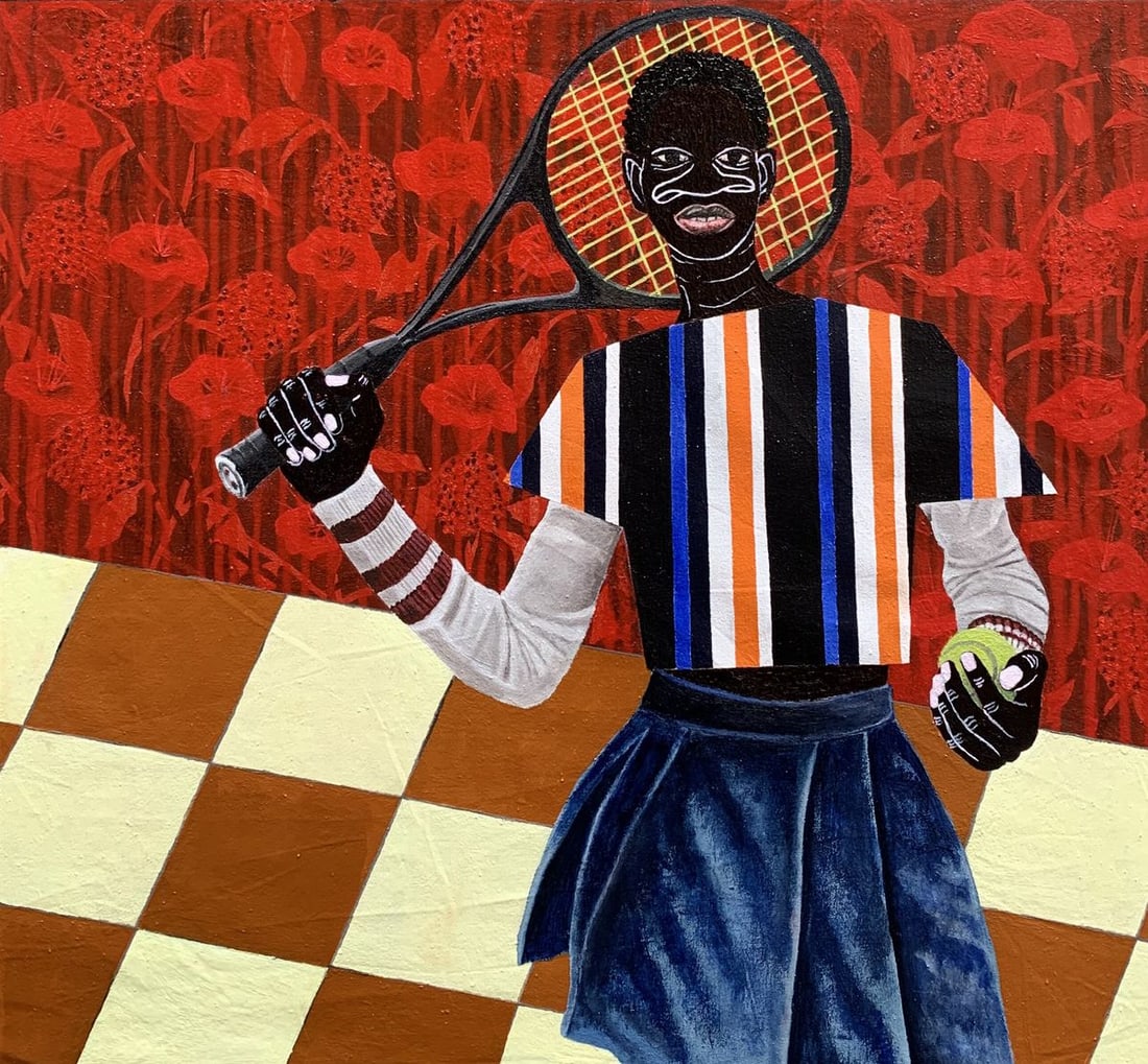 Acrylic painting Focus on the Goal Akintomide Akinshola: NoAkins 13*** ABOUT THIS PAINTING **** TITLE: "Focus on the Goal" - From the series "How fragile we are when it isn't blossoming"* ARTISTS: Akintomide Akinshola* SIZE: 57x62 cm/'22.44x24.40 inches' * 