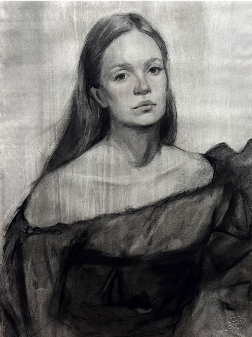 Charcoal painting Portrait of Mariia Annam Butt: NoButt 13Executed in charcoal and Russian sauce, the drawing captures Mariia's thoughtful poise. Its simplicity reveals depth - every mark serving as a breath of empathy.*** ABOUT THIS PAINTING ****
